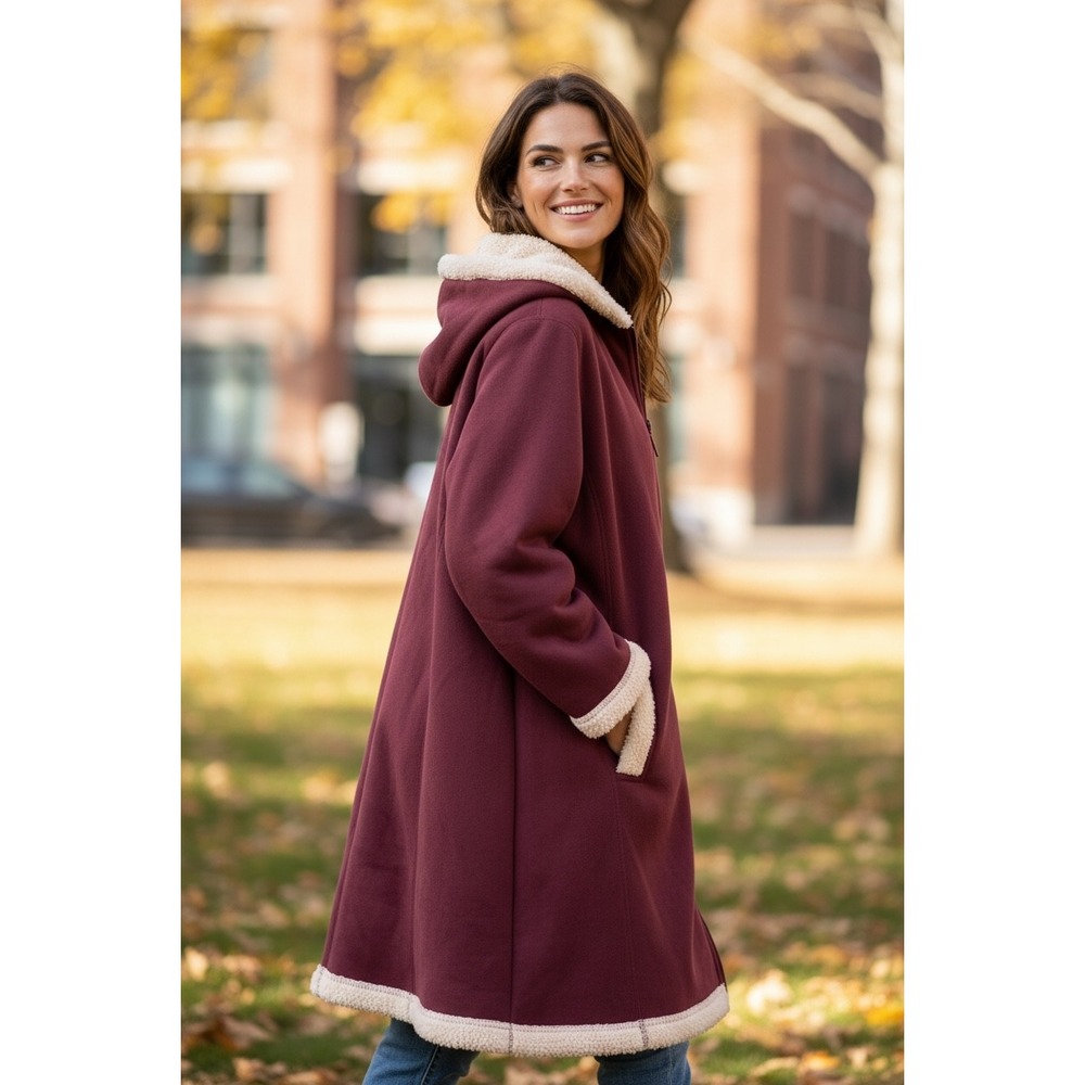 Totes Burgundy Sherpa Fleece Hooded Jacket Coat Women's Large Zip Front Cozy